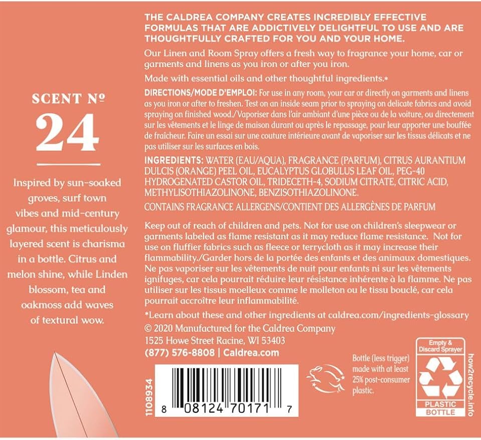 Caldrea Linen And Room Spray Air Freshener Made With Essential Oils Plant-Derived And Other Thoughtfully Chosen Ingredients Tangelo Palm Frond Scent 16 Fl Oz
