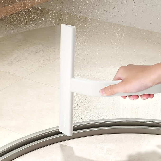 dancemoon JustHang Shower Squeegee for Glass Doors All-in-One Piece Silicone Squeegee with Built-in Hook for Bathroom Window Mirror Tile Wall Car Streak-Free Bathroom Cleaner Tool10 Inch White