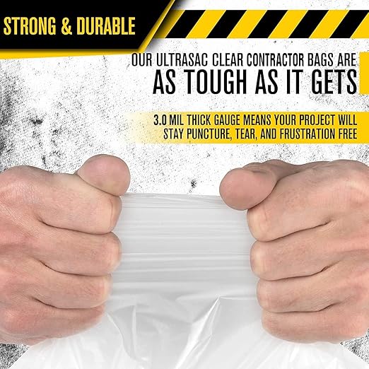 Ultrasac 45 Gallon 3.0 MIL Clear Heavy Duty Contractor Trash Bags with Handtie - 33 x 48 - Pack of 80 - for Construction Commercial &amp Industrial