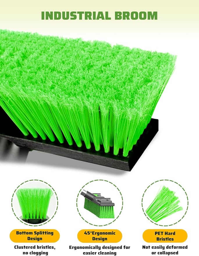 18”/45cm Large Wide Adjustable Heavy Duty Outdoor Push Broom Stiff Brush Head with 4 Section Threaded Handle 60/152cm for Warehouse Driveway Garage Patio Sidewalk Floor Dirt Workshop Deck Cleaning