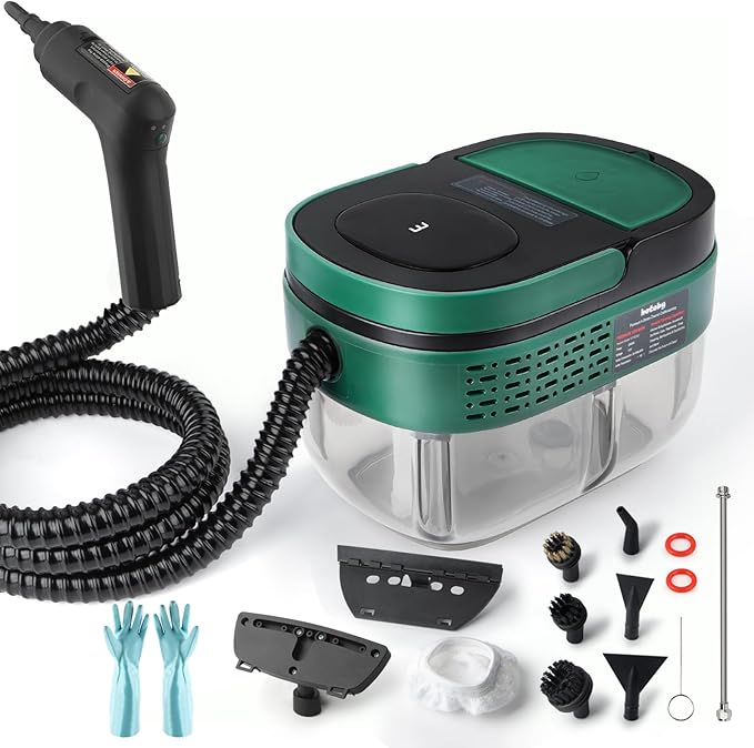 Handheld Steam Cleaner with Handle Control 1.6L Large Water Tank 3-Level Adjustable Thickened Hose Portable Steam Cleaner High Temperature Pressurized Steamer for Home Kitchen Car (Dark Green)