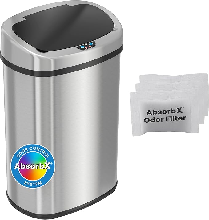 iTouchless Automatic Oval Trash Can with 3 Odor Filters Big Lid Opening Touchless Sensor Kitchen Trash Bin 13 Gallon Stainless Steel