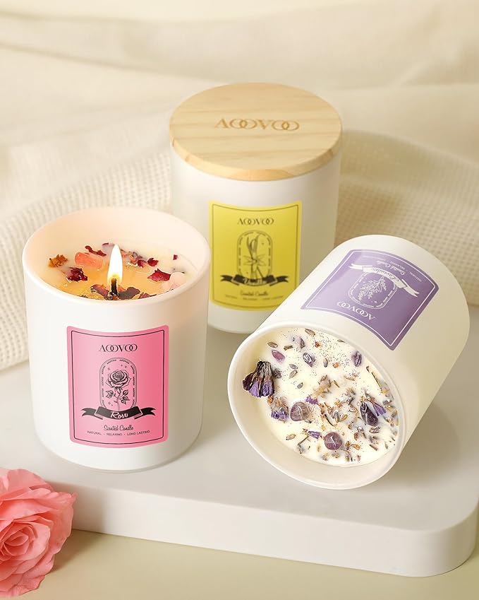 AOOVOO Rose/Vanilla/Eucalyptus/Lavender Scented Candles for Women - Aromatherapy Candle with Crystals Inside 40oz Soy Candles for Home Scented Birthday Gifts Mothers Day Candle for Women Mom