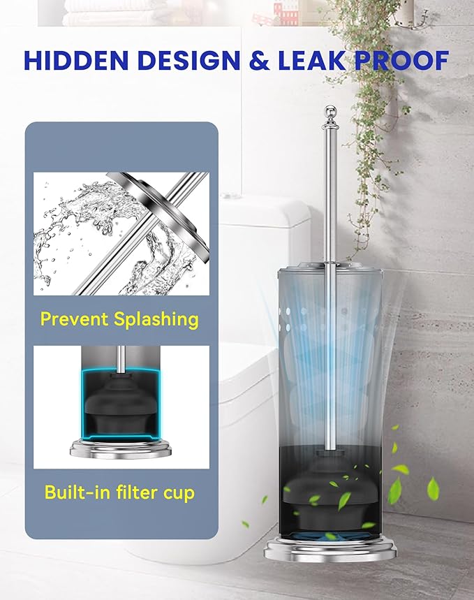 DOWRY Anti-Hand Off Toilet Plunger with Holder for BathroomPowerful Efficient Force Suction CupHeavy Duty Deep Cleaning Nickel