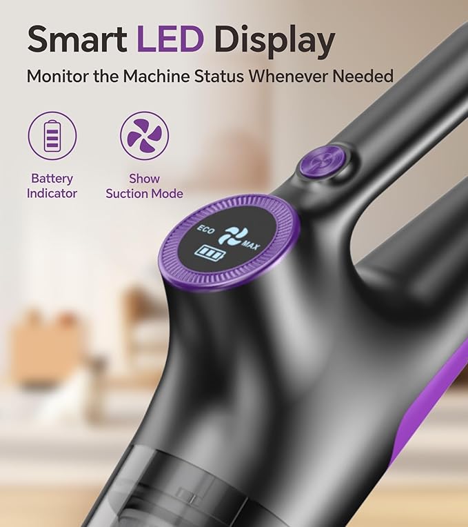 Cordless Vacuum Cleaner Stick Vacuum Cordless Rechargeable with Powerful Suction and LED Display Portable Vacuum Cleaners for Home Wireless Vacuum for Hardwood Floor Carpet Pet Hair Black