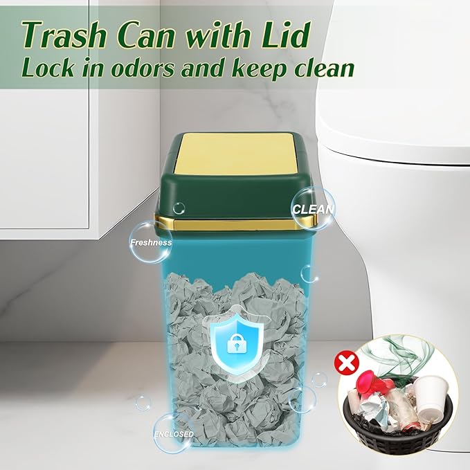 Bathroom Trash Can with Lid 4 Gallon Small Trash Can with Swing Lid Black/Navy Blue/Dark Green Bathroom Garbage Can with 225 Counts Trash Bags for Kitchen Bedroom Office