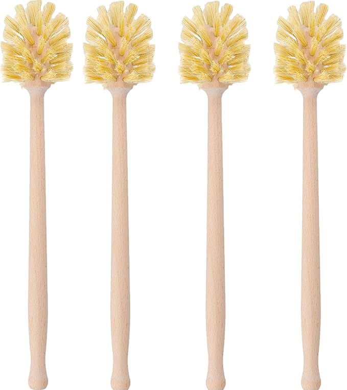 HAKZEON 4 Pack Wood Bottle Brush 14 Inch Extra Long Beechwood Handle and Sisal Bristles Kitchen Bottle Brush for Scrubs Wide Mouth Jars Cups Tumblers Dishes Vases