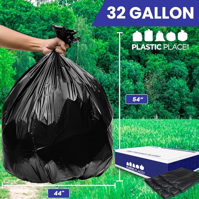 Plasticplace 32 Gallon Trash Bags Garbage Can Liners for Toter Heavy Duty Contractor Black Garbage Bags Tear-Resistant Leak-Proof Extra Large Can Liners 44” x 54” 50 Count Trashbags 1.2 Mil