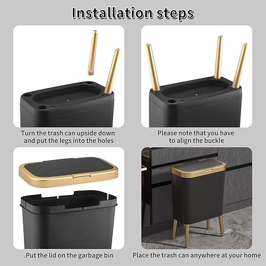 Procade Office Trash Can with Lid Black Bathroom Trash Can with Gold Edge Modern Narrow Garbage Can with Legs Slim Plastic Trash Bin for Bedroom Living RoomKitchenToilet 4 Gallon