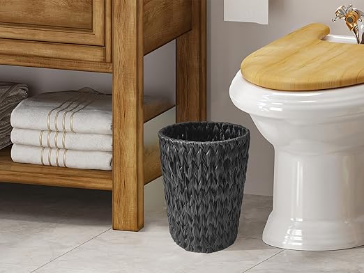 Wicker Trash CanSmall Trash CanHandwoven Waterproof Wicker Trash BasketRound Garbage CanCompact Waste Basket for BathroomBedroomOffice2 Gallon Black