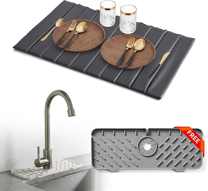 Large PU Leather Surface Quick Drying Dish Drying Mat with Diatomaceous Earth Stone For Kitchen Counter 25x16 – Foldable and Absorbent Kitchen Counter Mat Includes Silicone Faucet Mat Gray