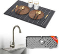 Large PU Leather Surface Quick Drying Dish Drying Mat with Diatomaceous Earth Stone For Kitchen Counter 25x16 – Foldable and Absorbent Kitchen Counter Mat Includes Silicone Faucet Mat Gray
