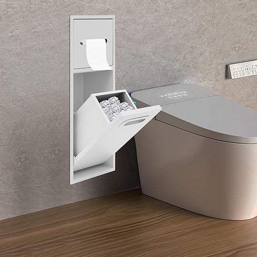 3 Gallon Bathroom Trash Can Niche Recessed Trash Can Cabinet with 2 Tiers Storage Stainless Steel Garbage Bins with Toilet Paper Holder for Bathroom Kitchen Bedroom Hotels (White)