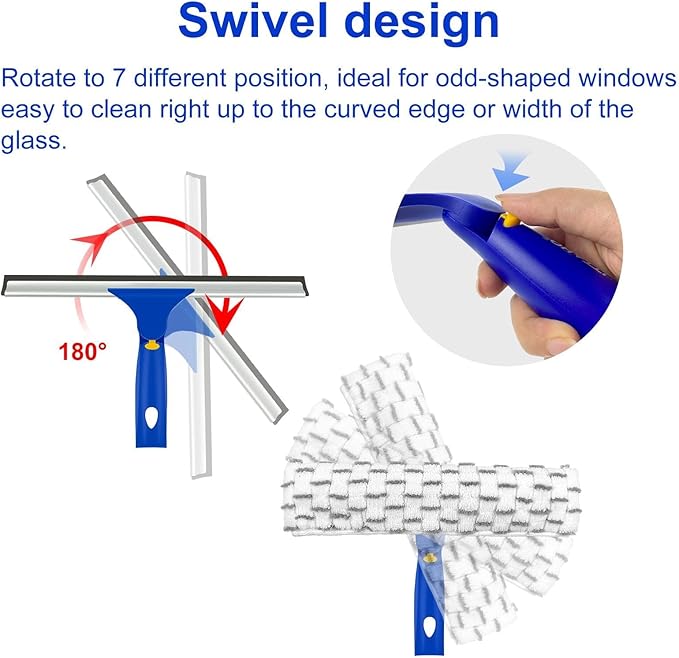 ITTAHO 81 Window Squeegee Cleaner Window Cleaning Tool Kit12 Squeegee and 11 Microfiber Scrubber Combi with Stainless Steel Pole for CarSliding DoorShower Glass Door-Swivel Style-2 Pads