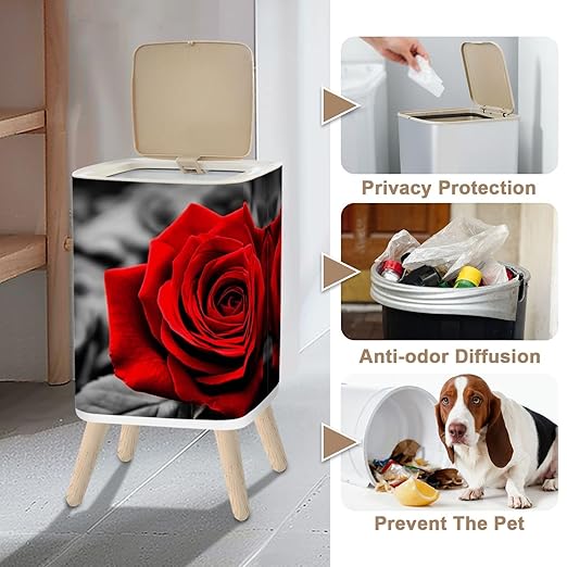 Small Trash Can with Lid Romantic Greeting red Rose Against Black White Roses 2.6 Gallon/10L Garbage Can Waste Bin with Pop-Up Lid Wood Legs Wastebasket for Bathroom Kitchen Bedroom