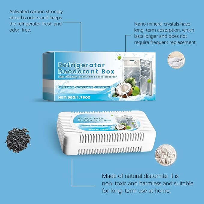 Refrigerator Deodorant Box with Activated Carbon Coconut Shell Odor Eliminator 50G/1.76OZ Reusable Freshener for Home and Commercial Use White