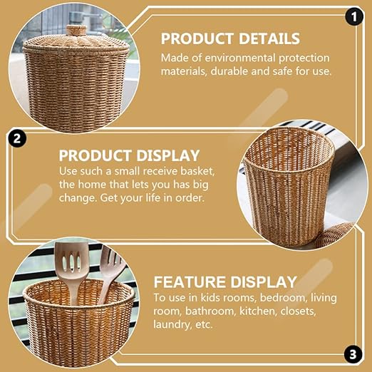 DOITOOL Rattan Round Waste Basket with Plastic Insert&amp Lid Woven Basket Trash Can Storage Basket for Bedroom Living Room Bathroom Kitchen and Laundry 11 x 9. x 7. 86inch