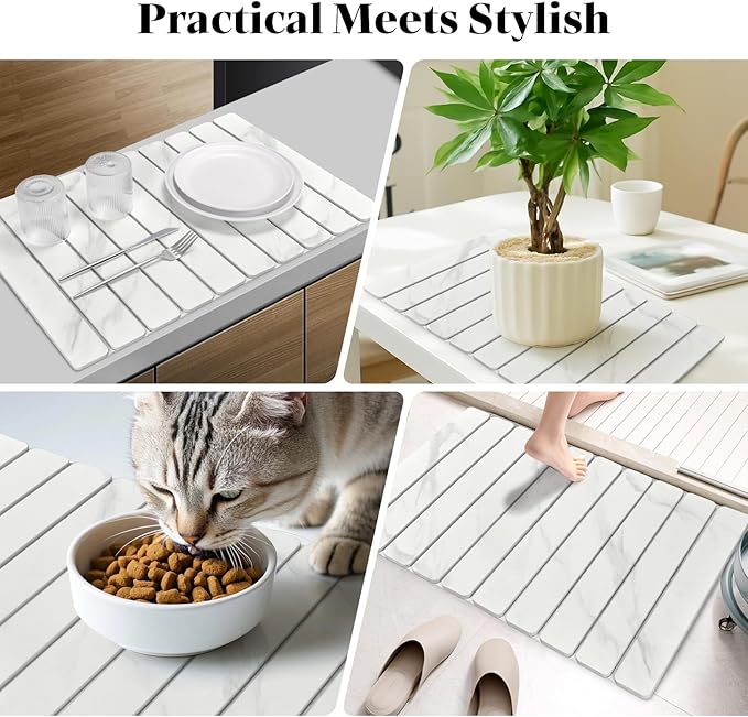 Large Stone Dish Drying Mats for Kitchen Counter 24(L)×16(W) Marble-Pattern Dish Drying Mat Eco-Friendly Absorbent Diatomaceous Earth Mats for Dishes Bottles Cups Match Any Countertop