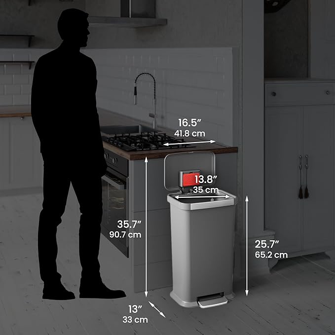 iTouchless SoftStep 13.2 Gal / 50L Step Pedal Kitchen Trash Can with Odor Filter Durable Dent-Proof Construction and Stainless Steel Trim Garbage Bin with Lid for Home Office Bedroom Gray Plastic