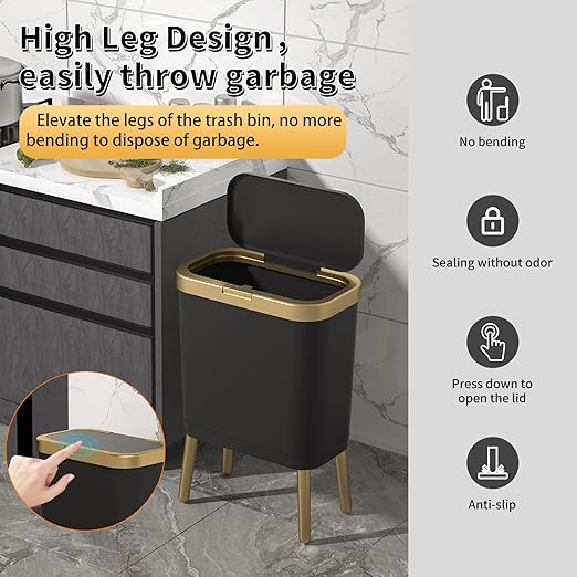 Procade Office Trash Can with Lid Black Bathroom Trash Can with Gold Edge Modern Narrow Garbage Can with Legs Slim Plastic Trash Bin for Bedroom Living RoomKitchenToilet 4 Gallon