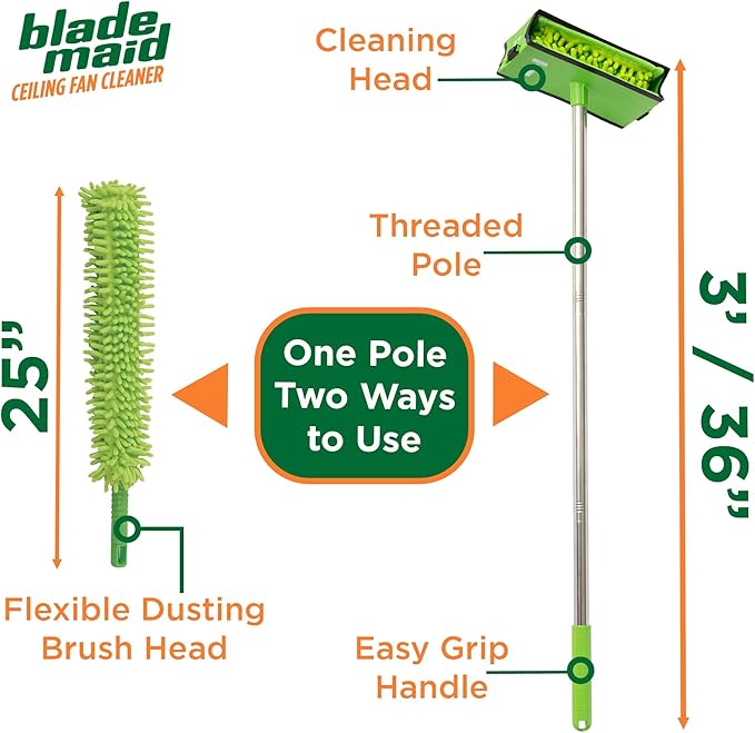 Blade Maid Ceiling Fan Blade Cleaner &amp Duster | Extendable Pole for High Ceilings Moldings Blinds Walls &amp Cars Corner Cleaning Tool with Reusable Microfiber Pads | Size 3 feet (Pack of 1)