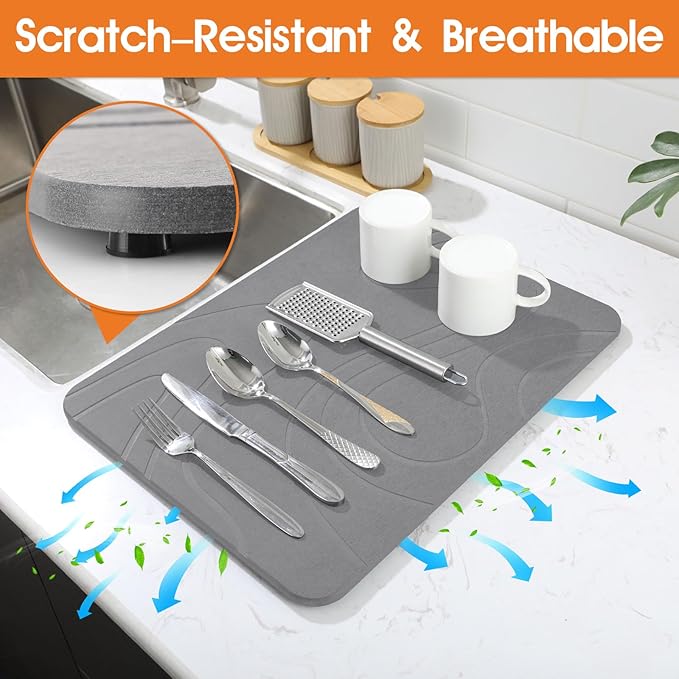 Stone Drying Mat for Kitchen Counter - 18x14 Dirt-Resistant Quick Drying Fast Absorbent Non-Slip Diatomite Mat Natural Diatomaceous Earth Dish Drying Pad for Dish Rack(Dark Grey)