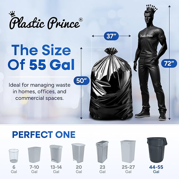 37 x 50 55 Gallon 2 Mil Black Trash Bags 10 Rolls of 10 Bags Total of 100/Case