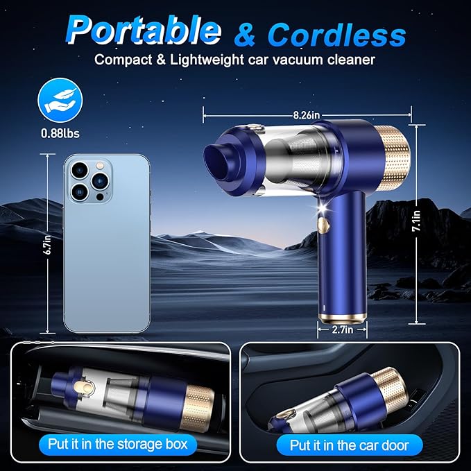 Mini Vacuum Cleaner 15000PA Car Vacuum Cleaner Portable Cordless with LED Light 4 in 1 Air Duster and Handheld Small Vacuum Rechargeable for Car Home Office Pet（Blue）