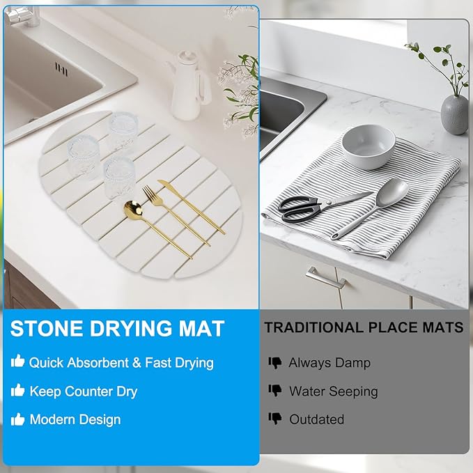 Stone Drying Mat for Kitchen Counter: 24x16 Large Foldable Diatomaceous Earth Dish Drying Mat Super Absorbent &amp Heat-Resistant Quick Dry for Dishes Bottles Cups with 2 Stone Coasters