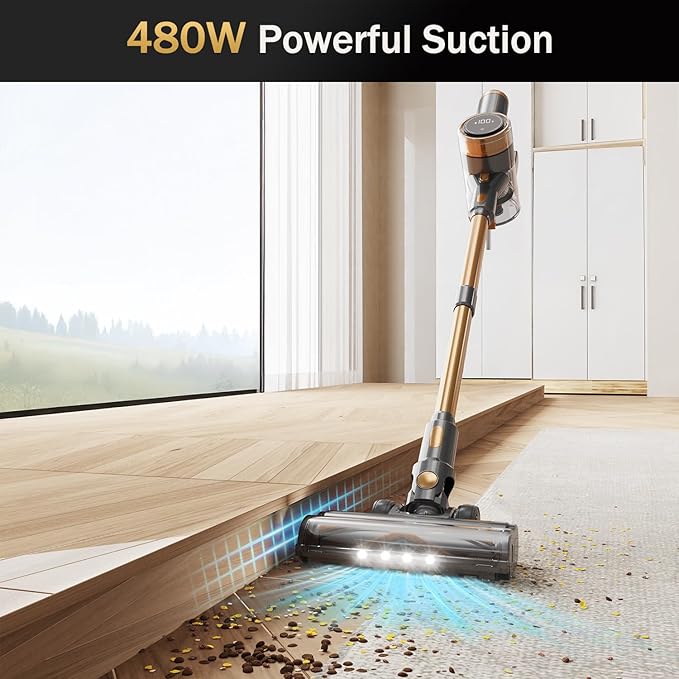 Cordless Vacuum Cleaner 10-in-1 Lightweight Stick Vacuum with 45mins Runtime Powerful Suction LED Touch Screen Rechargeable Vacuum Cleaners for Home Hardwood Floor Carpet Pet Hair (Gold)