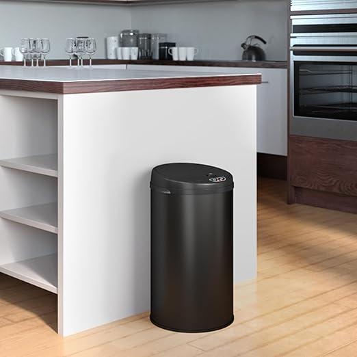 iTouchless 8 Gallon Sensor Trash Can with Odor Filter System 30 Liter Round Black Steel Garbage Bin Perfect for Home Kitchen Office