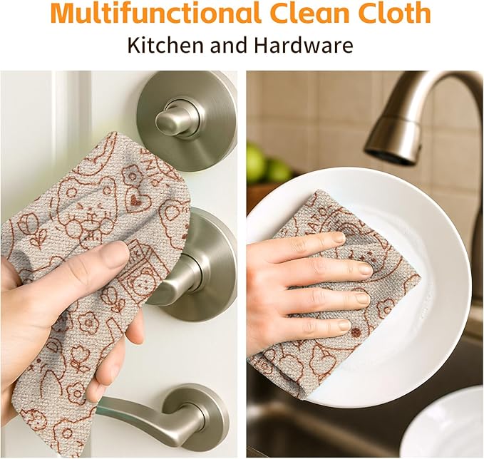 Microfiber Cleaning Cloth Roll 50-Count Reusable Durable Washable Absorbent Towels Lint-Free Non-Scratch Dish Rags for Kitchen &amp Housekeeping Car &amp Screen Brown Cute Bear Print 12x12 in