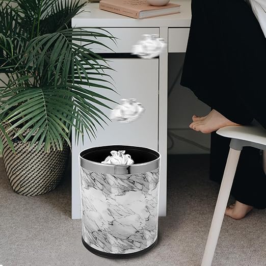 Marble Pattern Trash Can 10L Metallic Rim Garbage Container Bathroom Wastebasket for Home Office Bedroom Kitchen