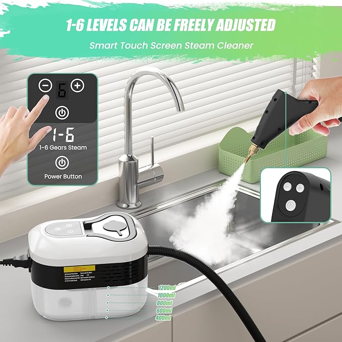 2500W Steam Cleaner for Home Use 6-level Speed Adjustable Handle 1.2L Handheld Car Steam Cleaner for Home Car Kitchen Furniture Floor High Pressure Steam Machine with 4 Brush Heads White