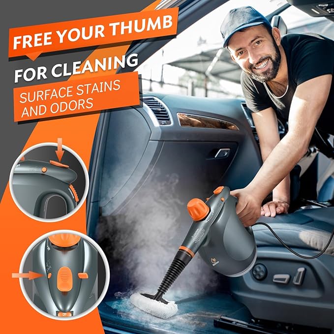 1250W Powerful Handheld Steam Cleaner with Detergent Container &amp Safety Lock + NixtClean EM-317 Window/Door Cleaning Tool Bundle - Multifunctional Pressurized Hand Held Steamer for Kitchen/Bathroo