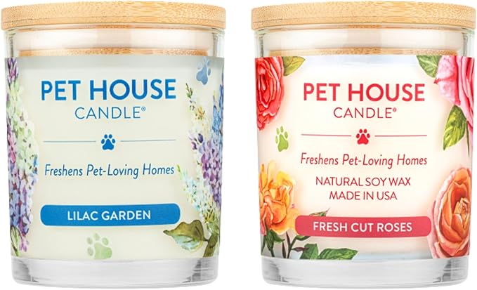 Pet House Candles Long Burning Scented Candles for Home Plant-Based 60 Hour Burn Time - Lilac Garden and Fresh Cut Roses 9 oz 2 Pack