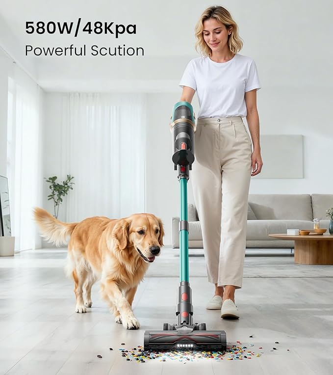 Cordless Vacuum Cleaner Upgraded 580W 48KPA 65Mins Vacuum Cleaners for Home Cordless Stick Vacuum Cleaner with Self-Standing and LED Screen Anti-Tangle Wireless Vacuum for Pet Hair/Carpets/Floors