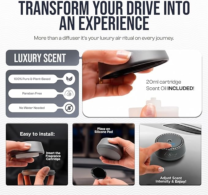 Smart Car Diffuser with 20ML Scent Oil Included - Car Air Freshener - Aromatherapy Diffuser - Portable Compact Cordless and Quiet Device - Deluxe Car Diffuser Luxscent Collection