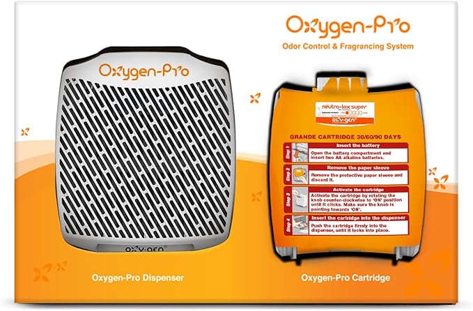 Oxygen-Pro - Starter Kit - Commercial Air Freshener and Deodorizer Wall Mounted Battery Operated Automatic Dispenser Odor Eliminator and Fragrancing System (Subtle Scent) 120 Day Supply