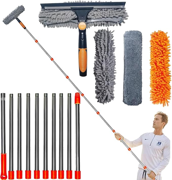 20 ft+ Reach Squeegee Window Cleaner Duster 2 in 1 Rotatable Window Cleaning Tool Kit with 3-14 ft Extension Pole Window Washing Equipment for Indoor Outdoor Window Car Glass - 3 Pads
