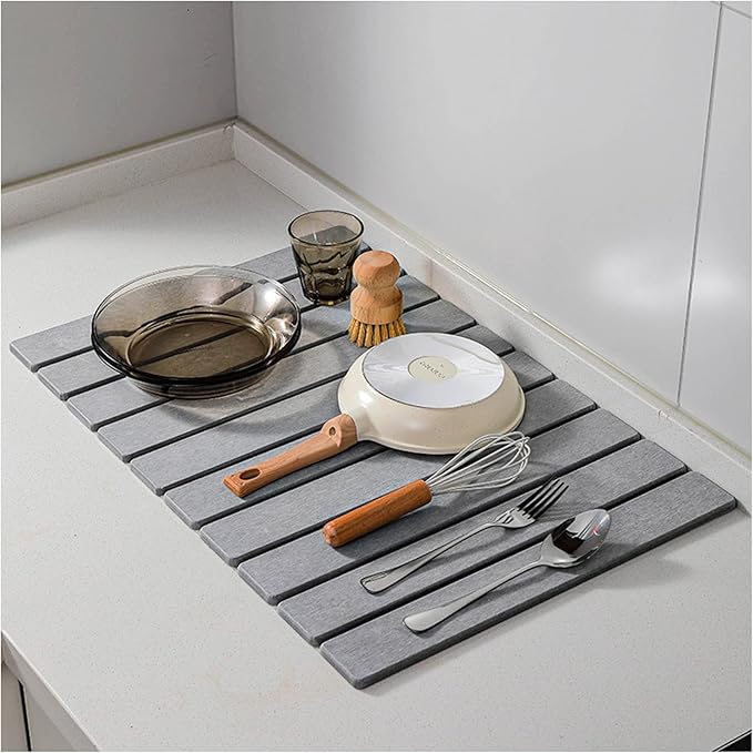 Stone Drying Mat for Kitchen Counter Stone Dish Drying Mat Foldable Super Absorbent Diatomaceous Earth Quick-drying Draining Mat for any Kitchen Countertop (Medium Gray B 23.6”x15.4”)