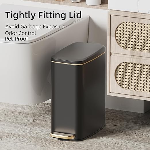 KUK Slim Bathroom Trash Can with Lid 1.6 Gal / 6L Stainless Steel Small Garbage Bin with Detachable Inner Bucket Step Pedal Silent Close Wastebasket for Toilet Bedroom Home Office (Black)