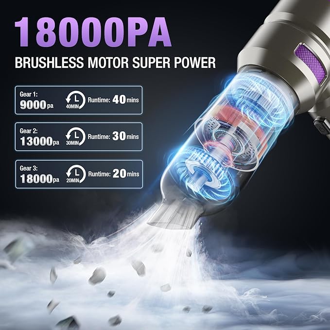 Car Vacuum Portable Cordless 18000PA High Power Mini Vacuum Cleaner Hand Vacuum Cordless Rechargeable with with Brushless Motor for Car Detailing Keyboard Cleaner Home Cleaning(Purple)