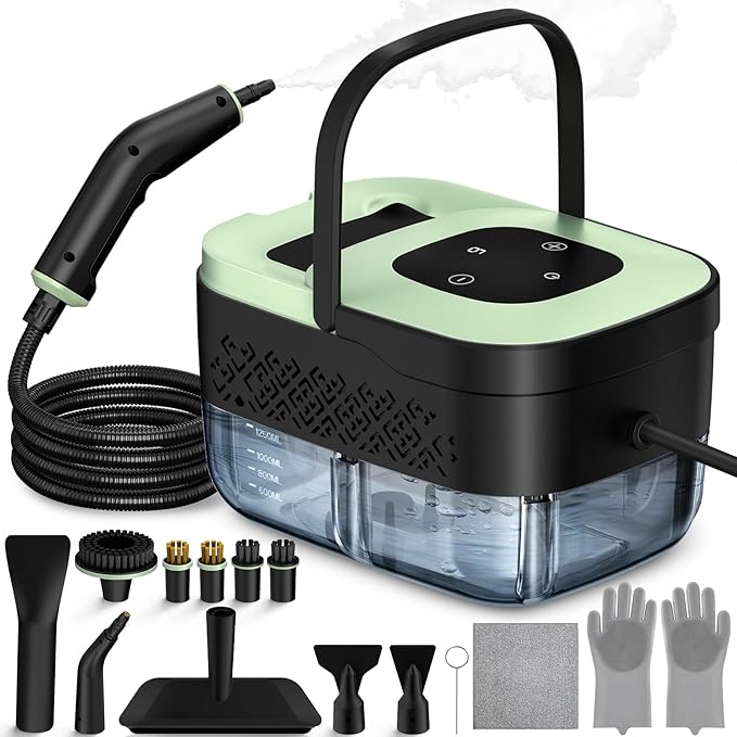 Steam Cleaner Portable Steamer for Cleaning with 16pcs Accessories 6-Level Adjustable 15s Heat-Up Handheld Steam Cleaner for Home for Tile Grease Dirt Grout Car Detailing Green