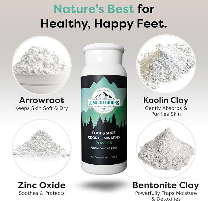 Lumi Outdoors Natural Shoe Deodorizer Spray and Foot Powder Bundle - Lemon Eucalyptus and Foot Powder