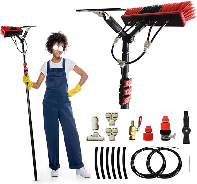 Extendable 24Ft Water Fed Pole Brush Kit for Solar Panel &amp Window Cleaning Includes Hose &amp Squeegee Perfect Outdoor Cleaning Tool for Home &amp OfficeColor18FT