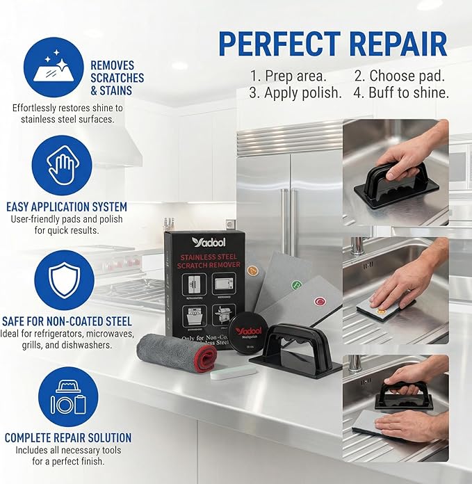 Stainless Steel Cabinet Panel Scratch Remover Kit for Non-Coated Stainless Steel Surfaces Removes Scratches Scuffs Abrasions Restores Brushed Finish DIY Repair Solution
