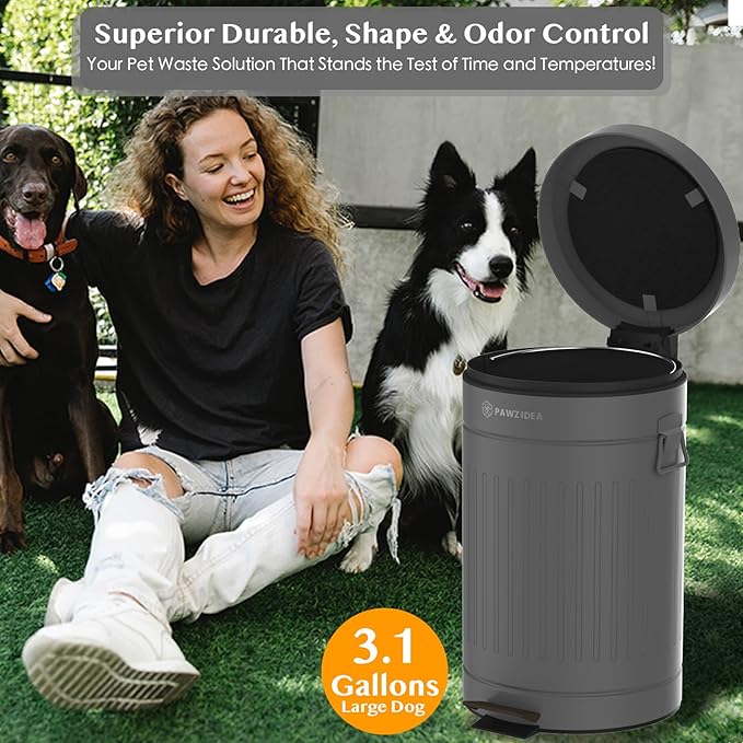 PAWZIDEA Dog Poop Trash Can Outside Odor Control 3.1Gallon Large Pet Poop Can Outdoor with Lid No Smell Waterproof Pet Waste Trash Can Dog Waste Station Step Garbage Can Bin Container BackyardGrey