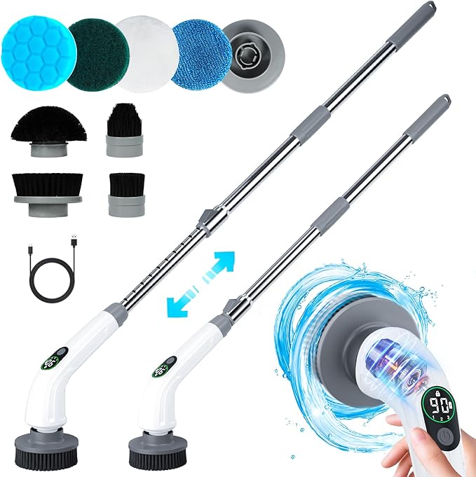 Electric Spin Scrubber 550 RPM Cordless Home Cleaning Brush with Extended Handle 3 Speeds 8 Replacement Heads IPX7 Waterproof LCD Display – Power Shower Scrubber for Bathroom Tub Floor Tile
