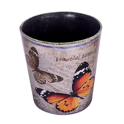 10L/2.64 Gallon Trash Can Decorative Waste Basket PU Leather Waste Paper Basket Waterproof Garbage Can for Bathroom Bedroom Office Kitchen and Living Room - Orange and Black Butterfly
